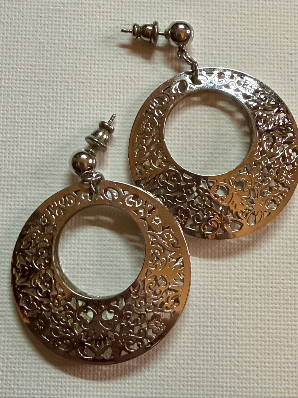 Sterling-Tone Filigree Hoop Drop Earrings - Silver